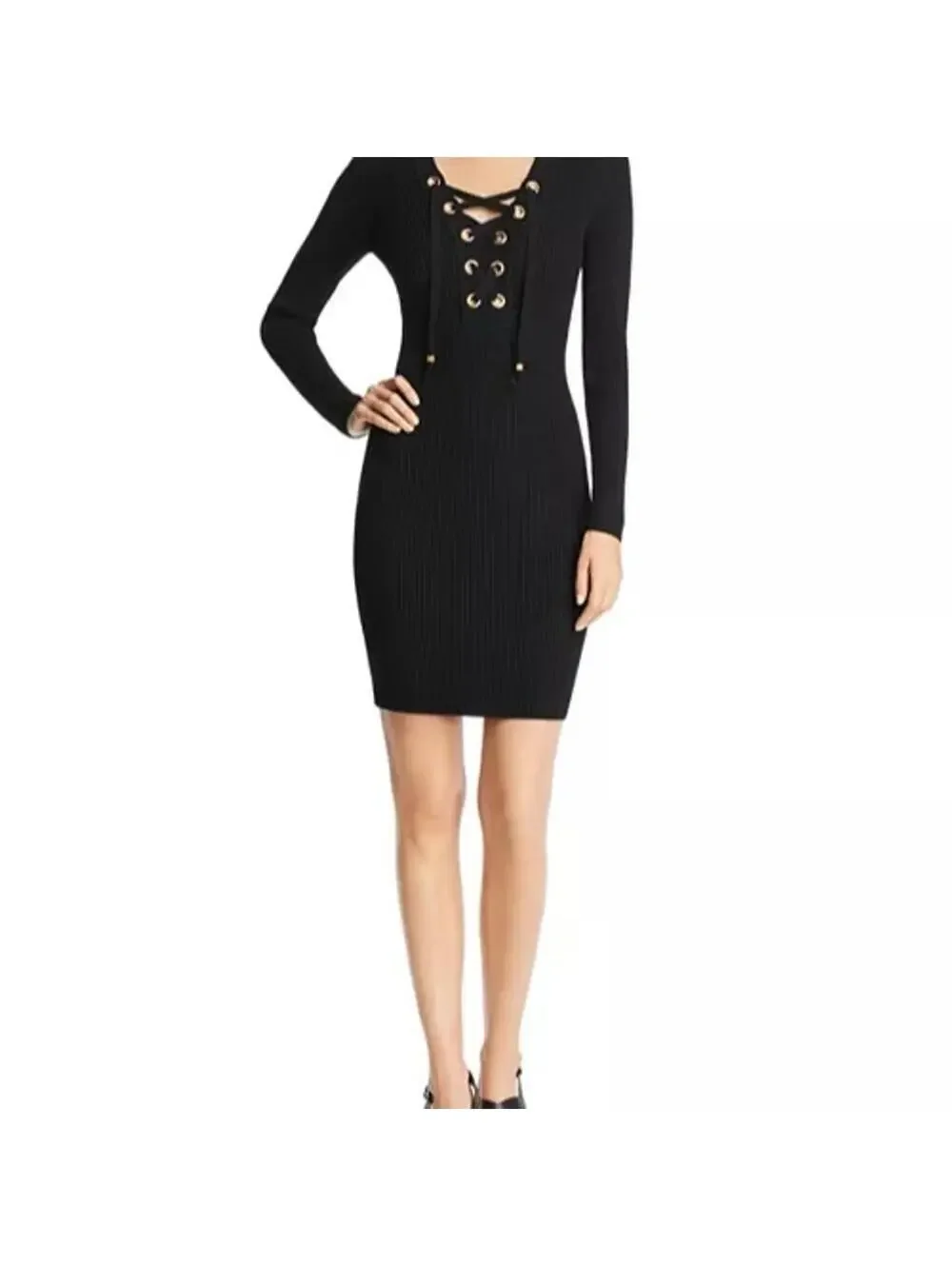 Michael Kors Black Ribbed Lace-Up Knee Length Dress M $325